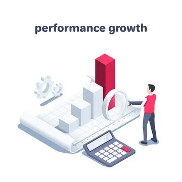 Isometric vector illustration on a white background, a man with a magnifying  Illustrazione stock