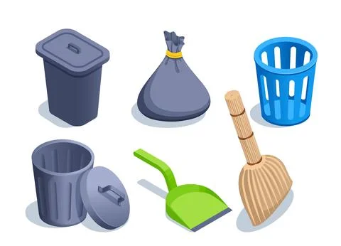 Isometric vector illustration on a white background, a set of trash cans with Stock Illustration