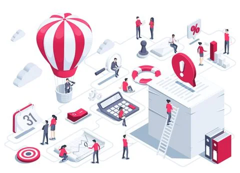Isometric vector illustration on white background, successful work, women and Stock Illustration