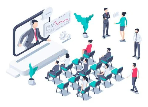 Isometric vector illustration on a white background,business people sit on ch Stock Illustration
