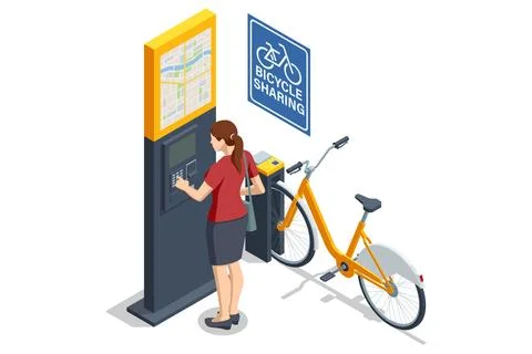 An isometric, vector illustration of a woman using a bike-sharing kiosk with a Illustrazione stock
