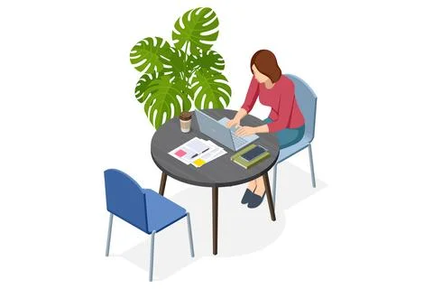 Isometric vector illustration of a woman working on a laptop in a coworking area Stock Illustration