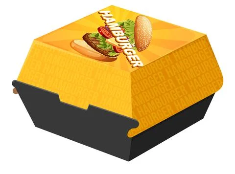 Isometric vector illustration of a yellow and black cardboard hamburger box w Stock Illustration