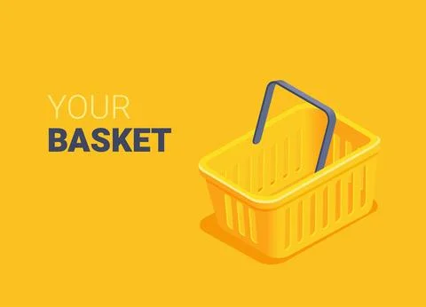 Isometric vector illustration on yellow background, empty yellow shopping bas Stock Illustration