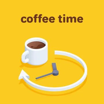 Isometric vector illustration on yellow background, coffee cup and clock hand 스톡 일러스트