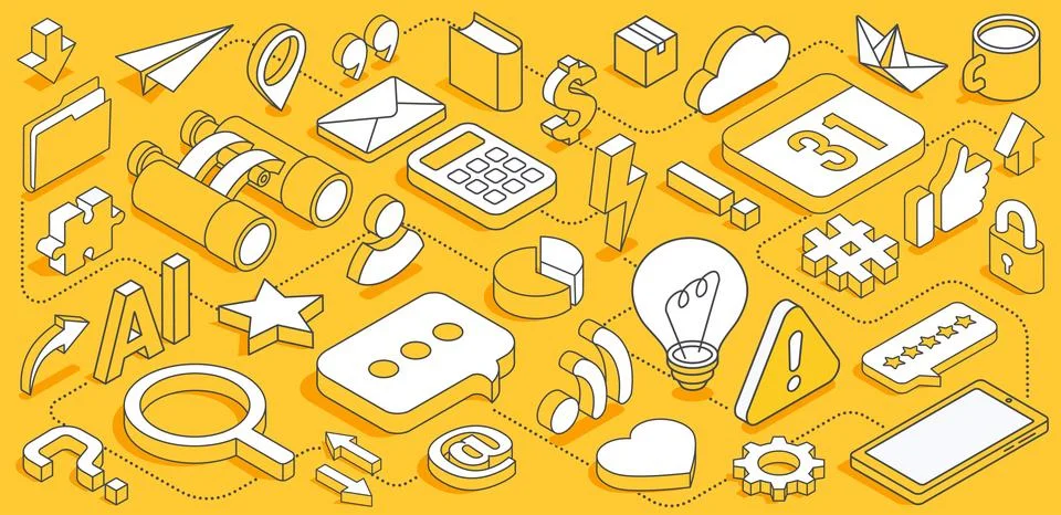 Isometric vector illustration on a yellow background, a set of linear icons i Stock Illustration