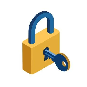 Isometric Vector Illustration Of A Yellow Padlock With A Blue Key Inserted .. Stock Illustration
