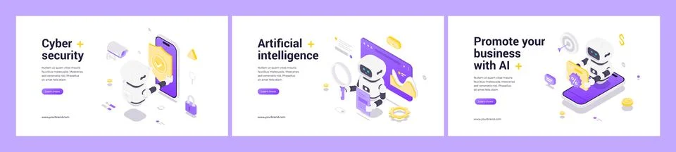 Isometric vector illustrations featuring AI robots enhancing cybersecurity, a Illustrazione stock