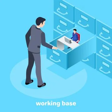 Isometric vector image on a blue background, a man in a business suit stand.. Stock Illustration