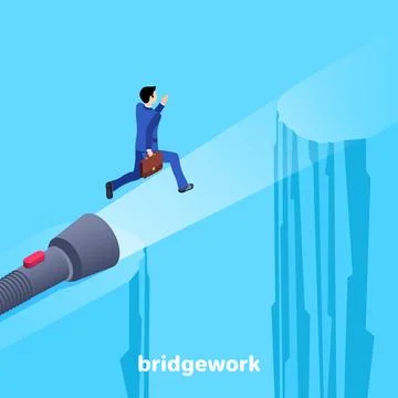 Isometric vector image on a blue background, a man in a business suit jumps.. Stock Illustration