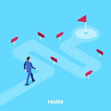 Isometric vector image on a blue background, a man in a business suit goes .. 스톡 일러스트