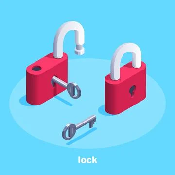 Isometric vector image on a blue background, a red lock with a key, open an.. Stock Illustration