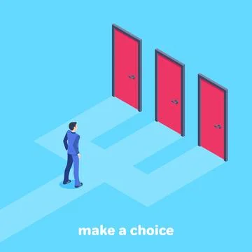 Isometric vector image on a blue background, a man in a business suit faces.. Stock Illustration