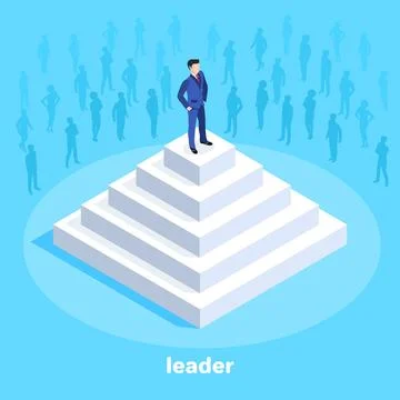 Isometric vector image on a blue background, a man in a business suit stand.. Stock Illustration