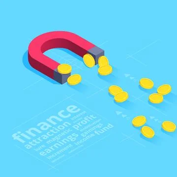 Isometric vector image on a blue background, a red magnet attracts gold coi.. Stock Illustration