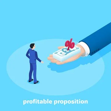 Isometric vector image on a blue background, a man in a business suit is st.. Stock Illustration