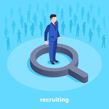 Isometric vector image on a blue background, a man in a business suit stand.. 스톡 일러스트