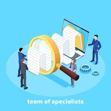 Isometric vector image on a blue background, people in business suits study.. 库存插图