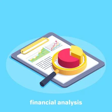 Isometric vector image on a blue background, business tablet with charts an.. Stockillustratie