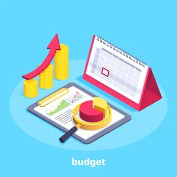 Isometric vector image on a blue background, business calendar and gold coi.. Stock Illustration