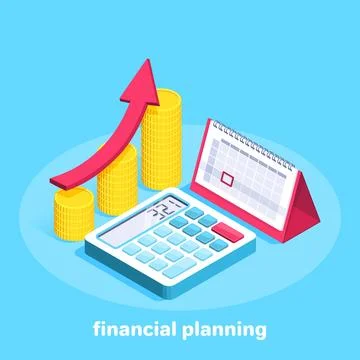 Isometric vector image on a blue background, business calendar and gold coi.. Stock Illustration