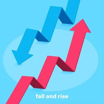 Isometric vector image on a blue background, a red arrow going up and blue do Ilustración de archivo