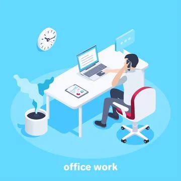 Isometric vector image on a blue background, a man works in an office at a de Stock Illustration