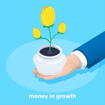 Isometric vector image on a blue background, a man in a business suit holds i Stock Illustration