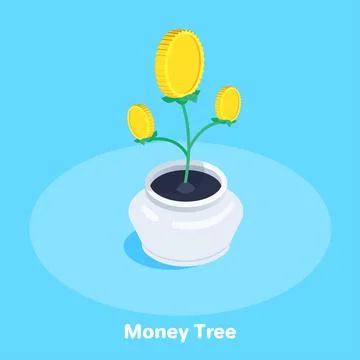 Isometric vector image on a blue background, a pot with a growing money tree, イラスト素材