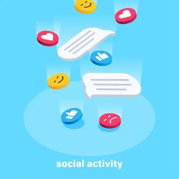 Isometric vector image on a blue background, smiles and likes falling on the  Stock Illustration