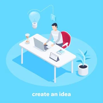 Isometric vector image on a blue background, a young man working in the offic Stock Illustration