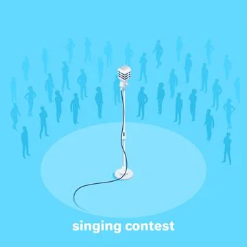 Isometric vector image on a blue background, retro microphone on the stand .. Stock Illustration