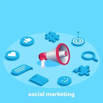 Isometric vector image on a blue background, loudspeaker and icons for soci.. Stock Illustration
