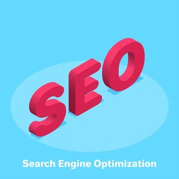 Isometric vector image on a blue background, word SEO red, business concept.. Stockillustratie