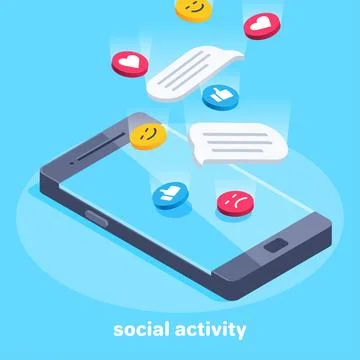 Isometric vector image on a blue background, smiles and likes falling on th.. Stock Illustration