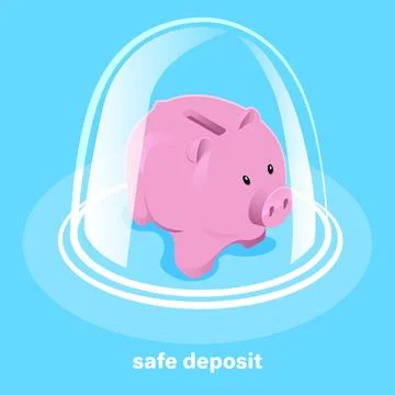 Isometric vector image on a blue background, a piggy bank under a glass dom.. Ilustración de archivo