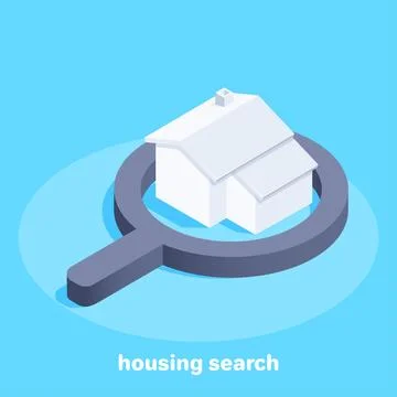 Isometric vector image on a blue background, house in the magnifier, search.. Stock Illustration