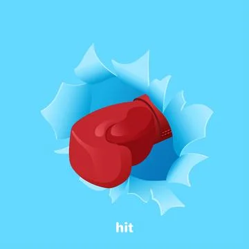 Isometric vector image on a blue background, a red boxing glove punches a p.. 스톡 일러스트