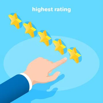 Isometric vector image on a blue background, a hand pointing to five stars,.. Stock Illustration