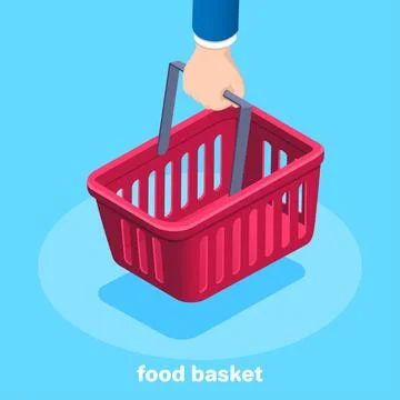 Isometric vector image on a blue background, hand is holding a food basket. Stock Illustration