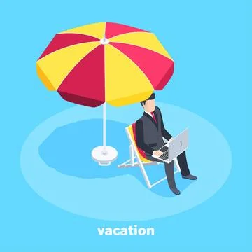 Isometric vector image on a blue background, a man in a business suit worki.. Stock Illustration