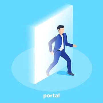 Isometric vector image on a blue background, a man in a business suit comes.. Stock Illustration