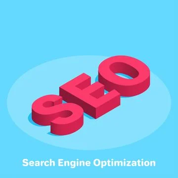 Isometric vector image on a blue background, word SEO red, business concept.. Stockillustratie