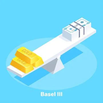 Isometric vector image on a blue background, on white scales are gold bars .. Stock Illustration