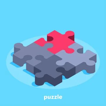 Isometric vector image on a blue background, four pieces puzzle, one of whi.. Illustrazione stock
