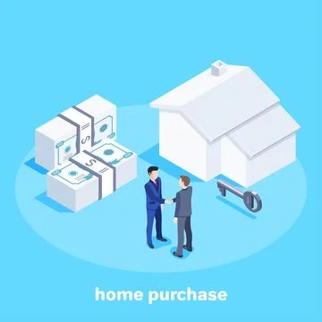 Isometric vector image on a blue background, men in business suits shaking .. Stock Illustration