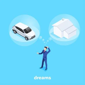 Isometric vector image on a blue background, a man in a business suit think.. Stock Illustration