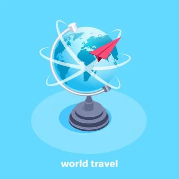 Isometric vector image on a blue background, a large globe icon and a red p.. Stock Illustration