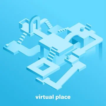 Isometric vector image on a blue background, abstract place in the virtual .. Illustrazione stock