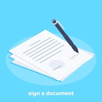 Isometric vector image on a blue background, a white sheet with the contrac.. Stockillustratie